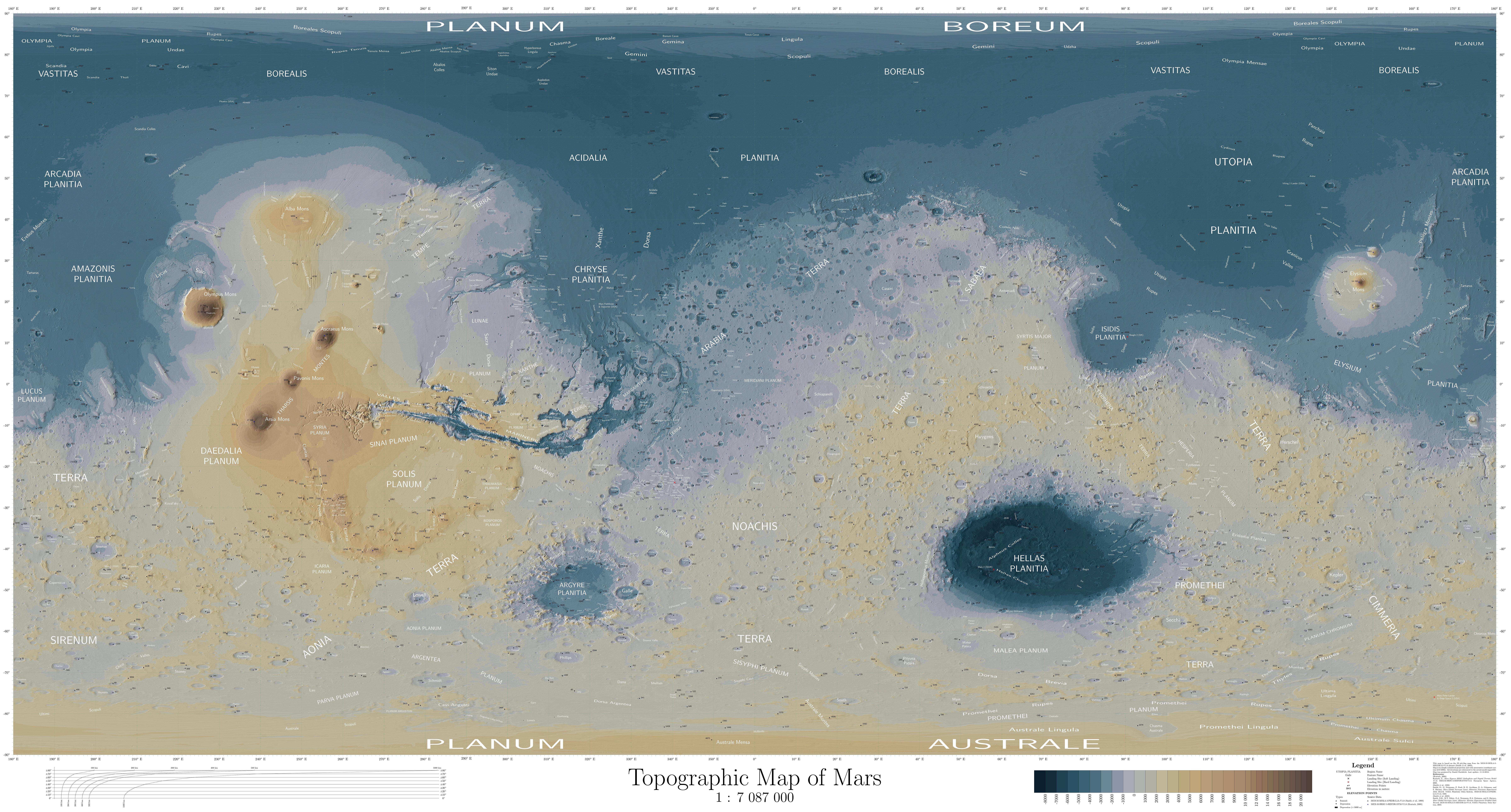 Трехмерная карта Марса со спутника 3д: географическая и физическая