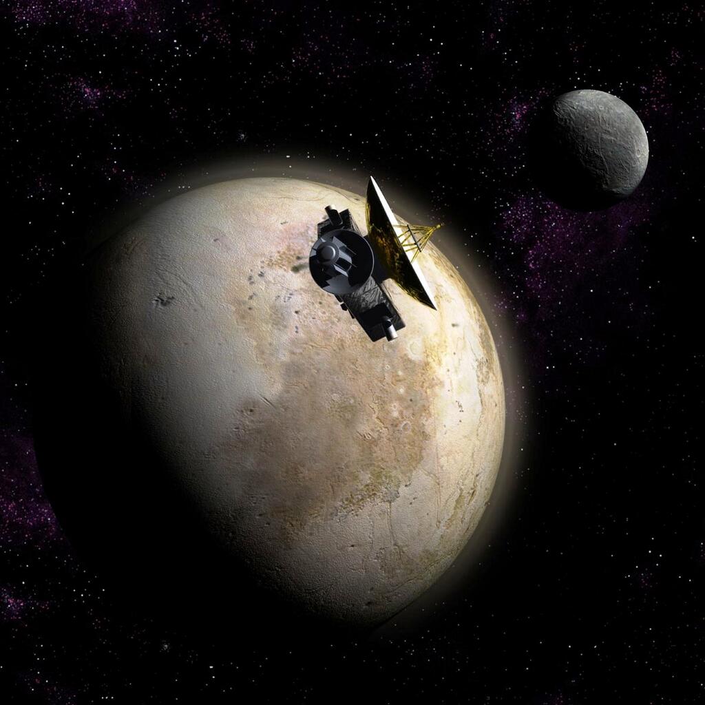 Новые Горизонты на фоне Плутона и Харона