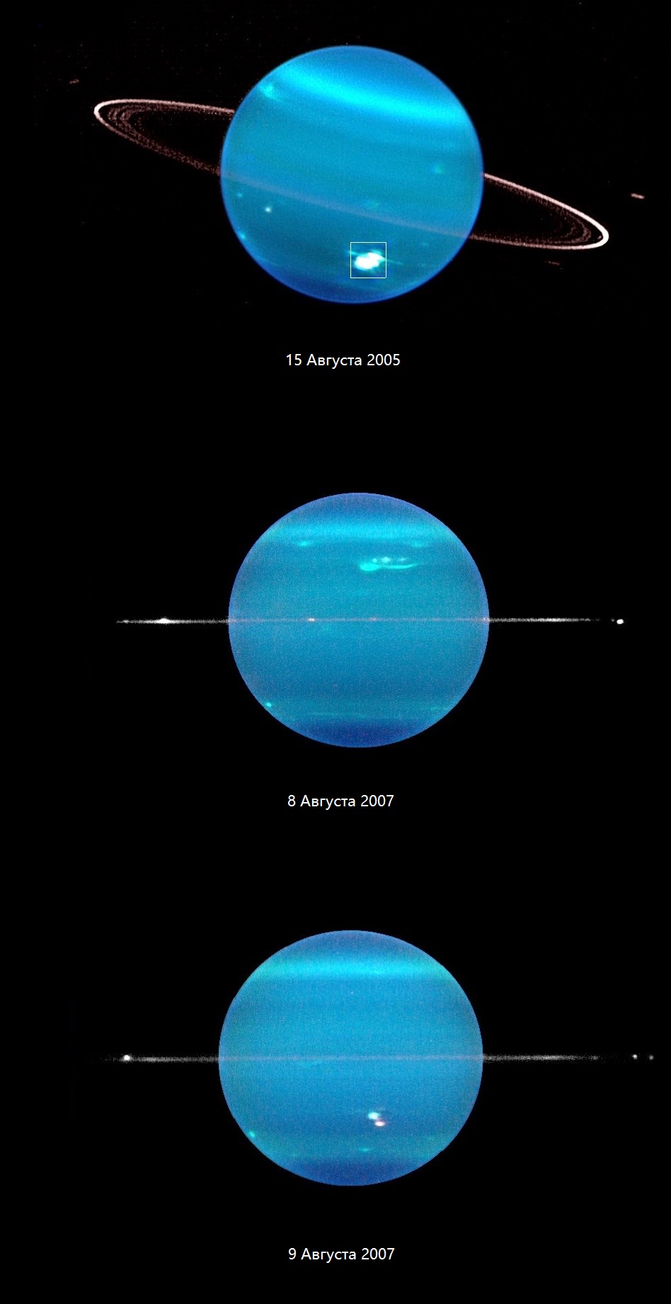 Положение колец Урана в разное время