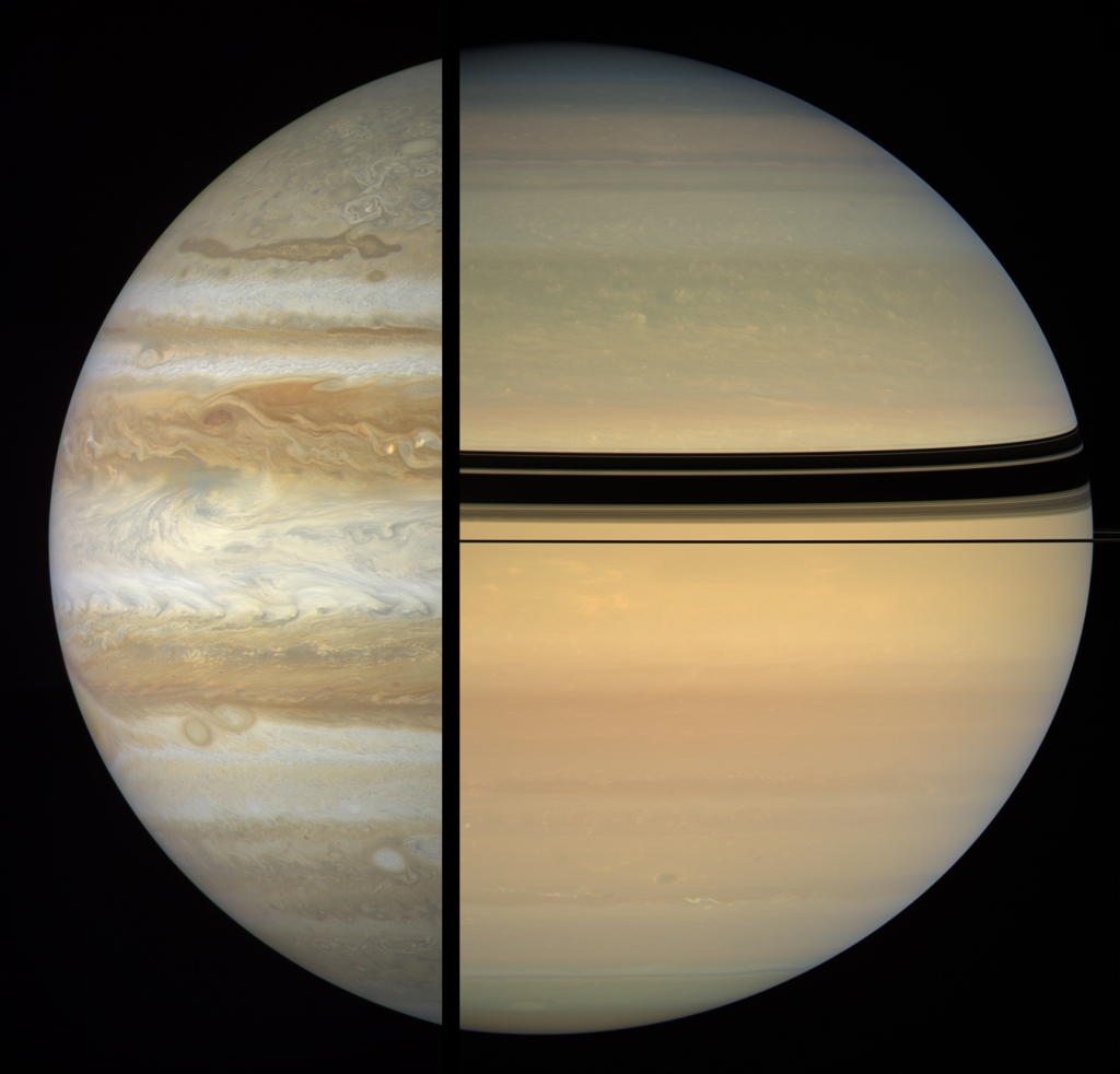 Сравнение Юпитера и Сатурна. Масштаб не соблюден.