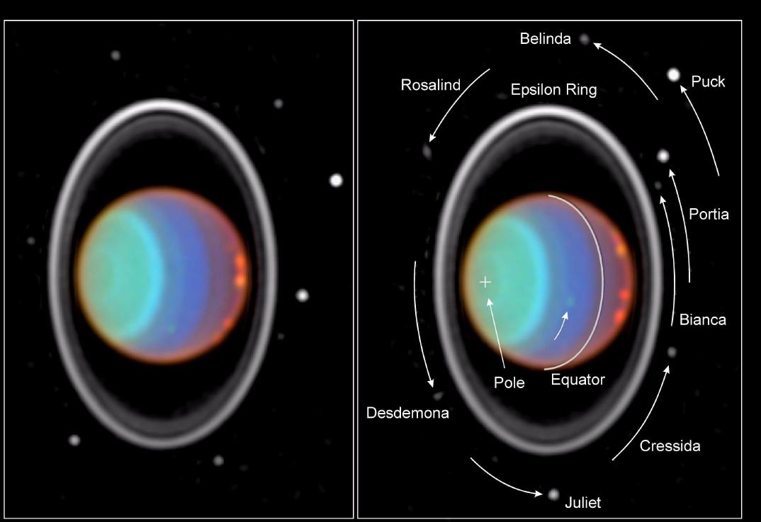 Это Уран снятый космическим телескопом Хаббл, хорошо различимы множество спутников и кольца.