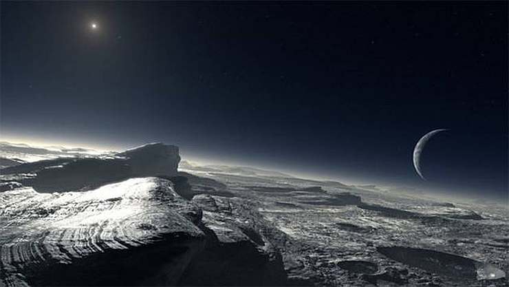 Так может выглядеть поверхность Плутона. Вдалеке виден Харон