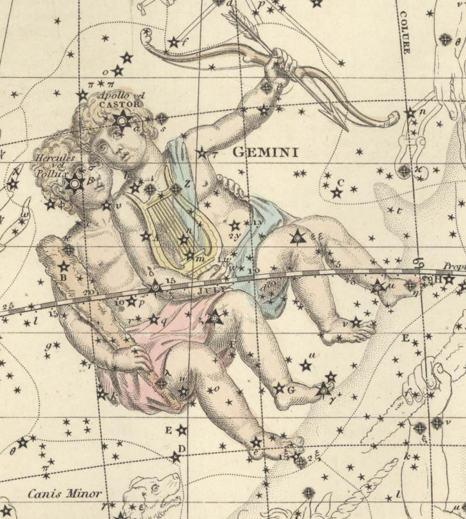 Созвездие Близнецы, рисунок из старинного атласа неба