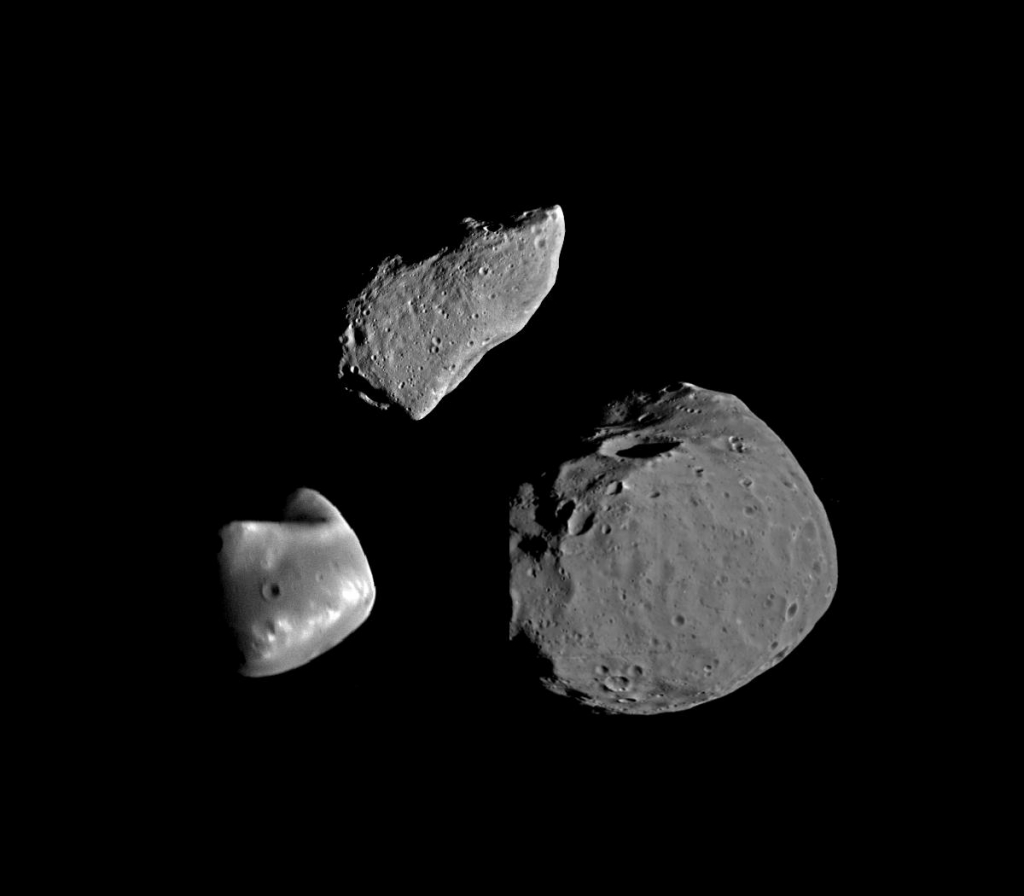 Астероид Гаспра, и спутники Марса Фобос и Деймос
