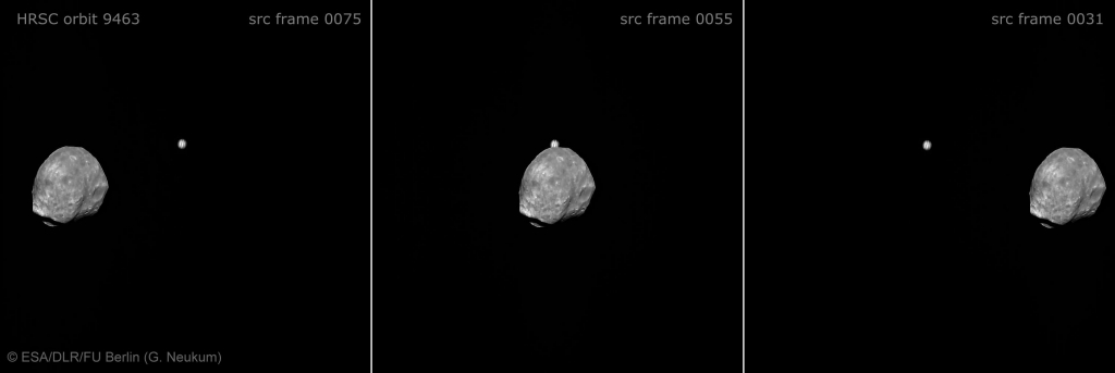 Последовательные снимки Европейского космического аппарата Mars Express, показывающие прохождение спутника Марса Фобоса, перед Юпитером.