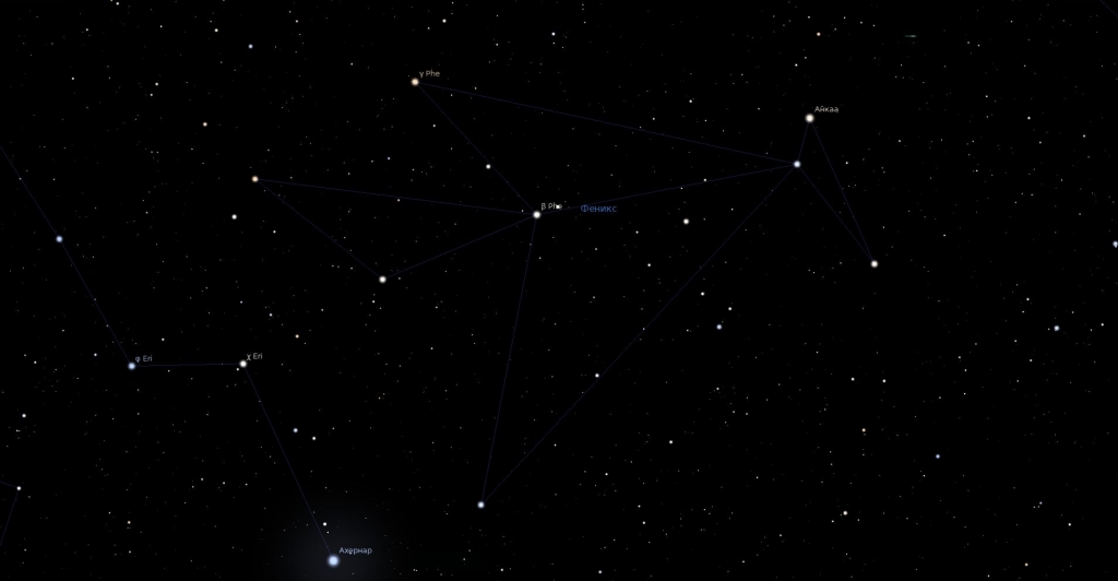 Созвездие Феникс, вид в программе планетарий