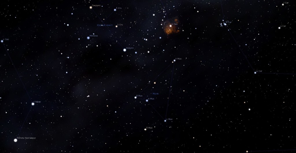 Созвездие Муха, вид в программу планетарий Stellarium