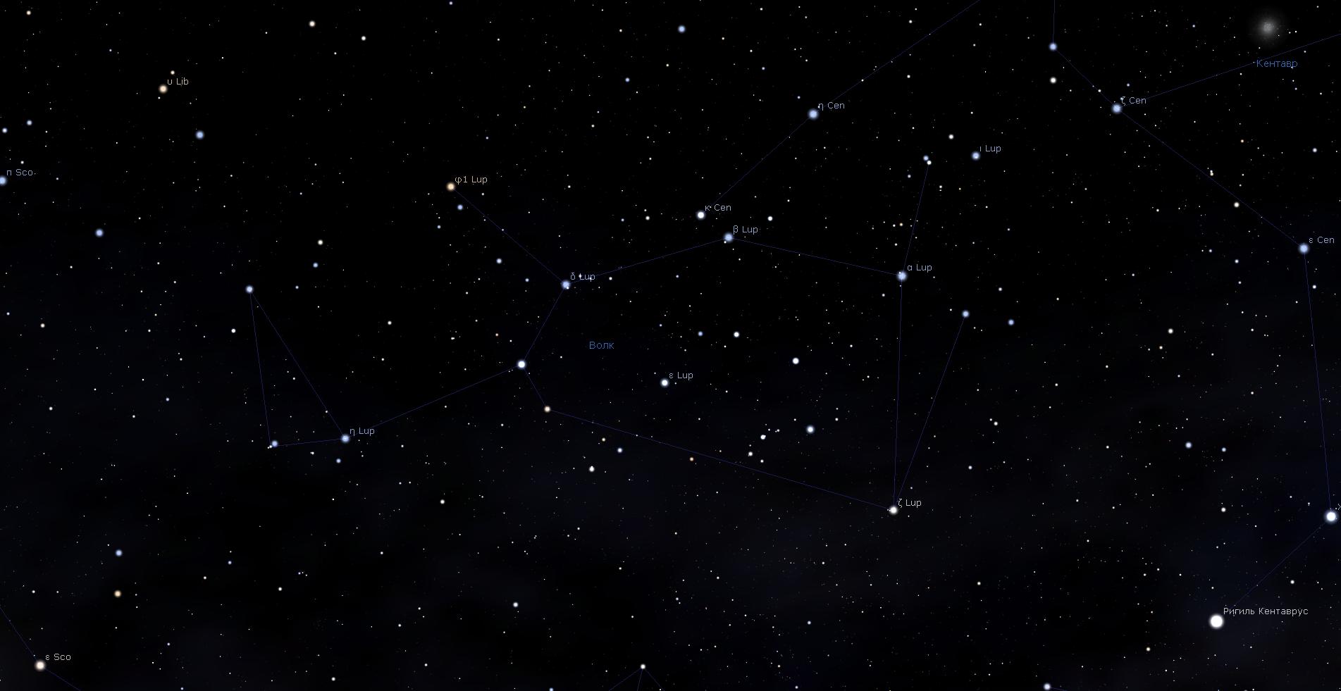 Созвездие Волк, вид в программу планетарий Stellarium