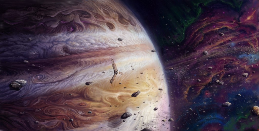 Фантастический рисунок Юноны на фоне газового гиганта