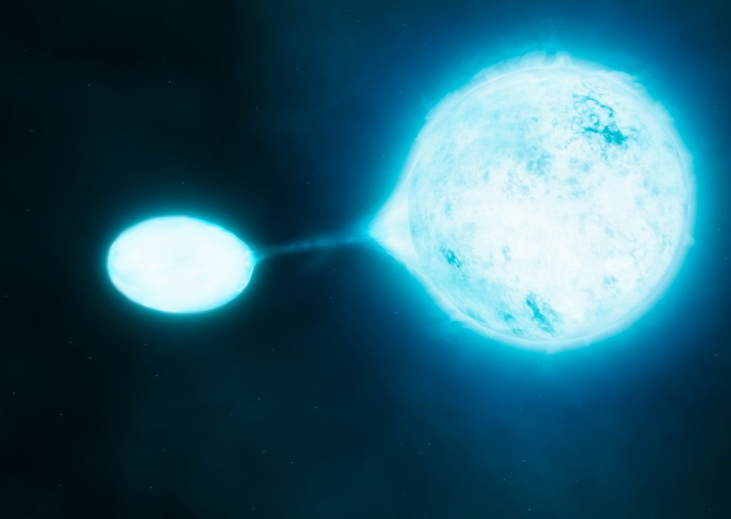 Двойная звездная система, в которой одна звезда перетягивает вещество из другой — мощный источник гравитационных волн.