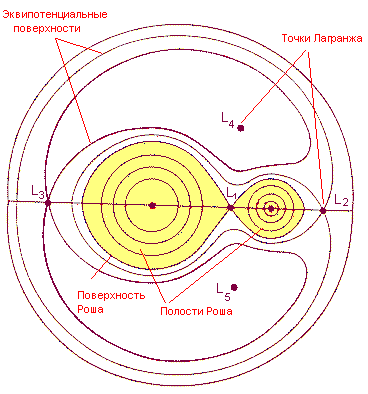 Сечение поверхностей равного потенциала в модели Роша в орбитальной плоскости двойной системы