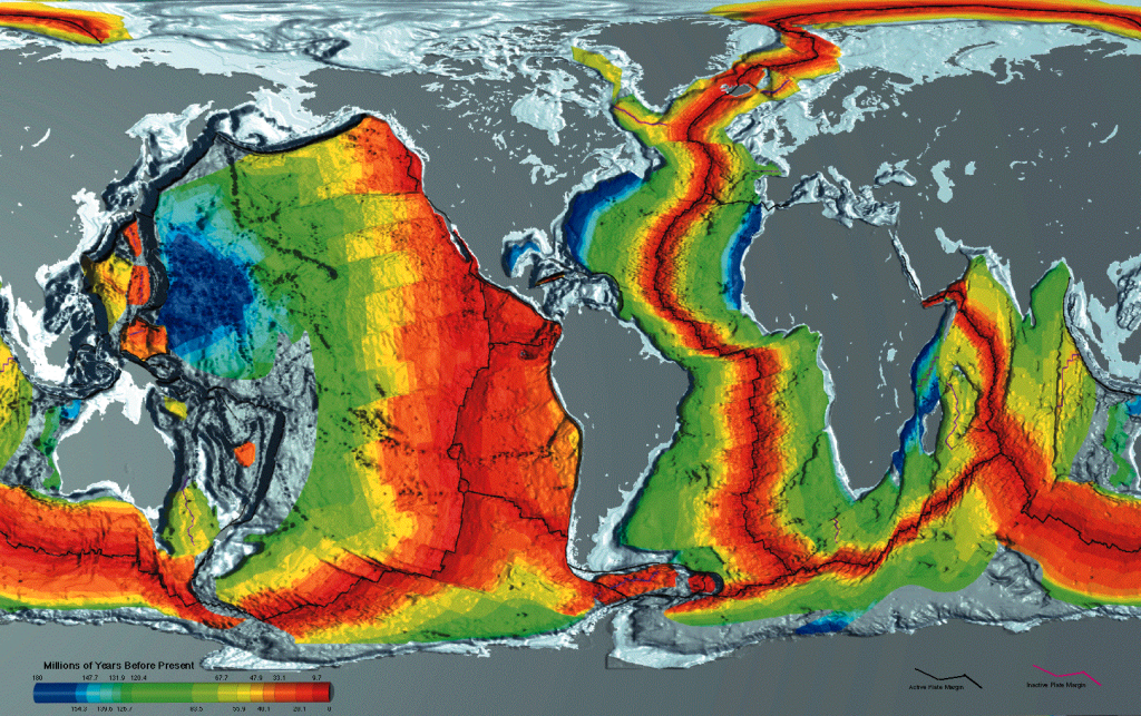 Возраст океанической коры (красный соответствует молодой коре, синий — старой). 