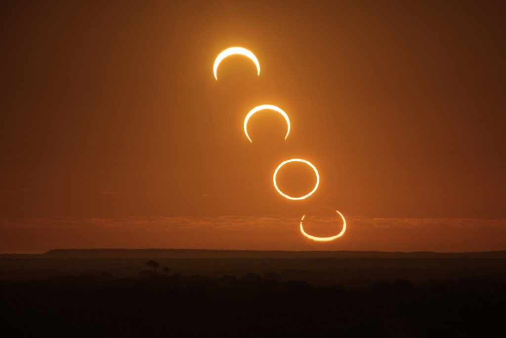 Последовательность фаз Солнечного затмения на одном фото