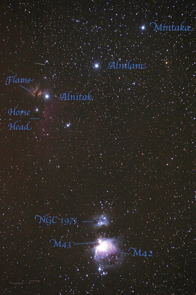 Звезды Альнитак, Альнилам и Минтака, туманность Конская голова и M42.