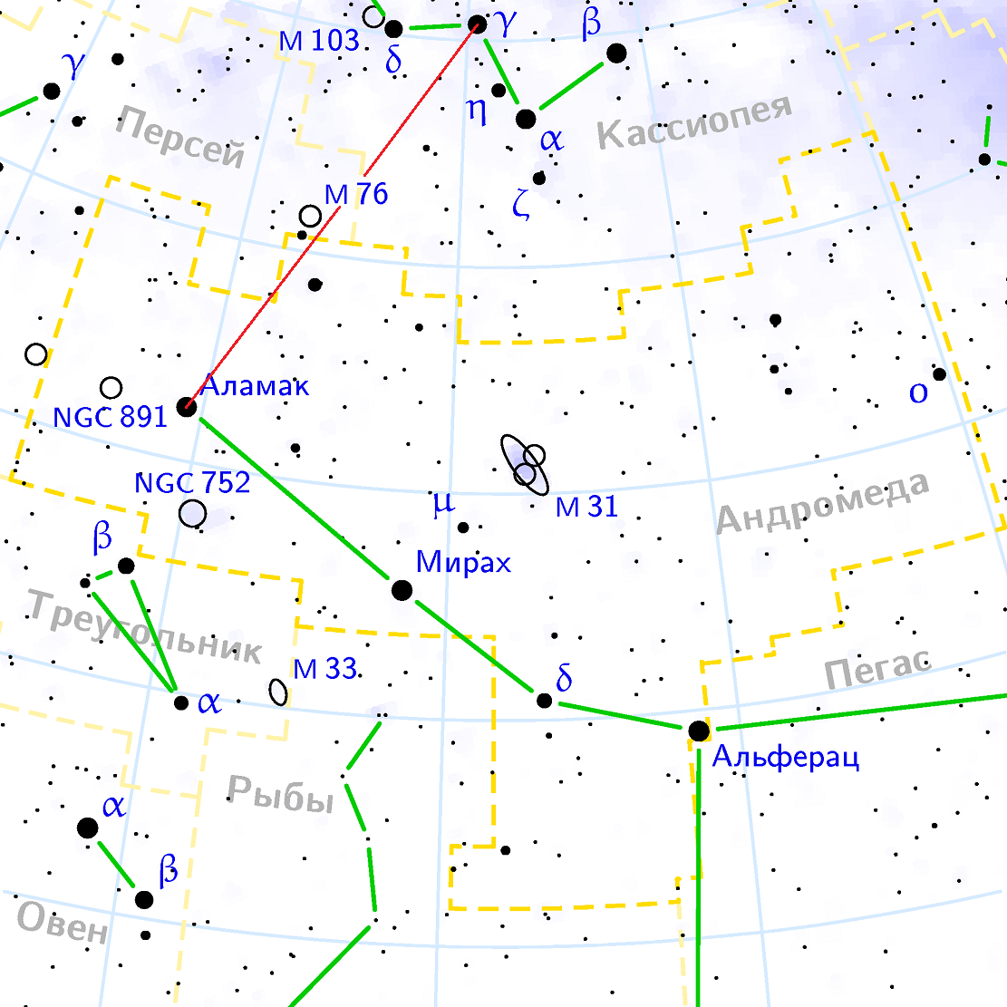 Положение туманности M76 относительно созвездий Перскй, Кассиопея и Андромеда