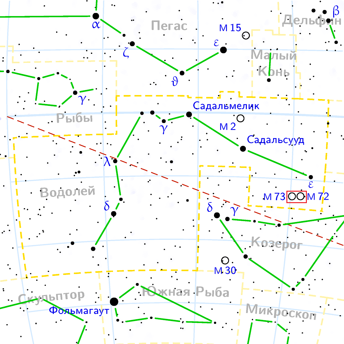 Положение скопления Мессье 73 в созвездии Водолей