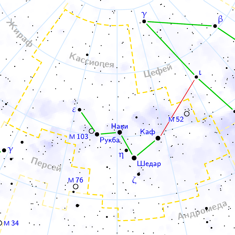 Положение M52 в созвездии Кассиопеи