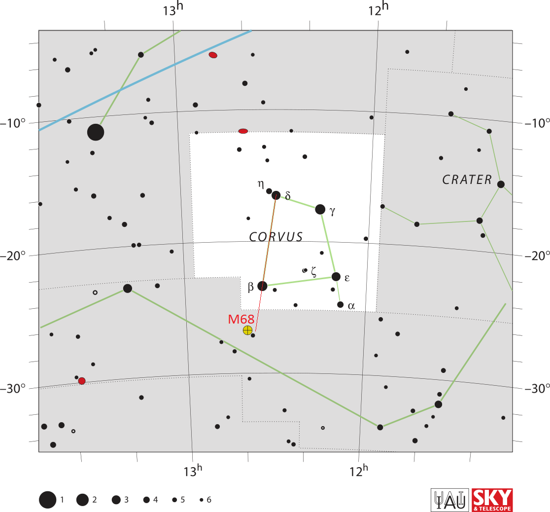 Положение скопления Мессье 68 относительно звезд соседнего созвездия - Ворона