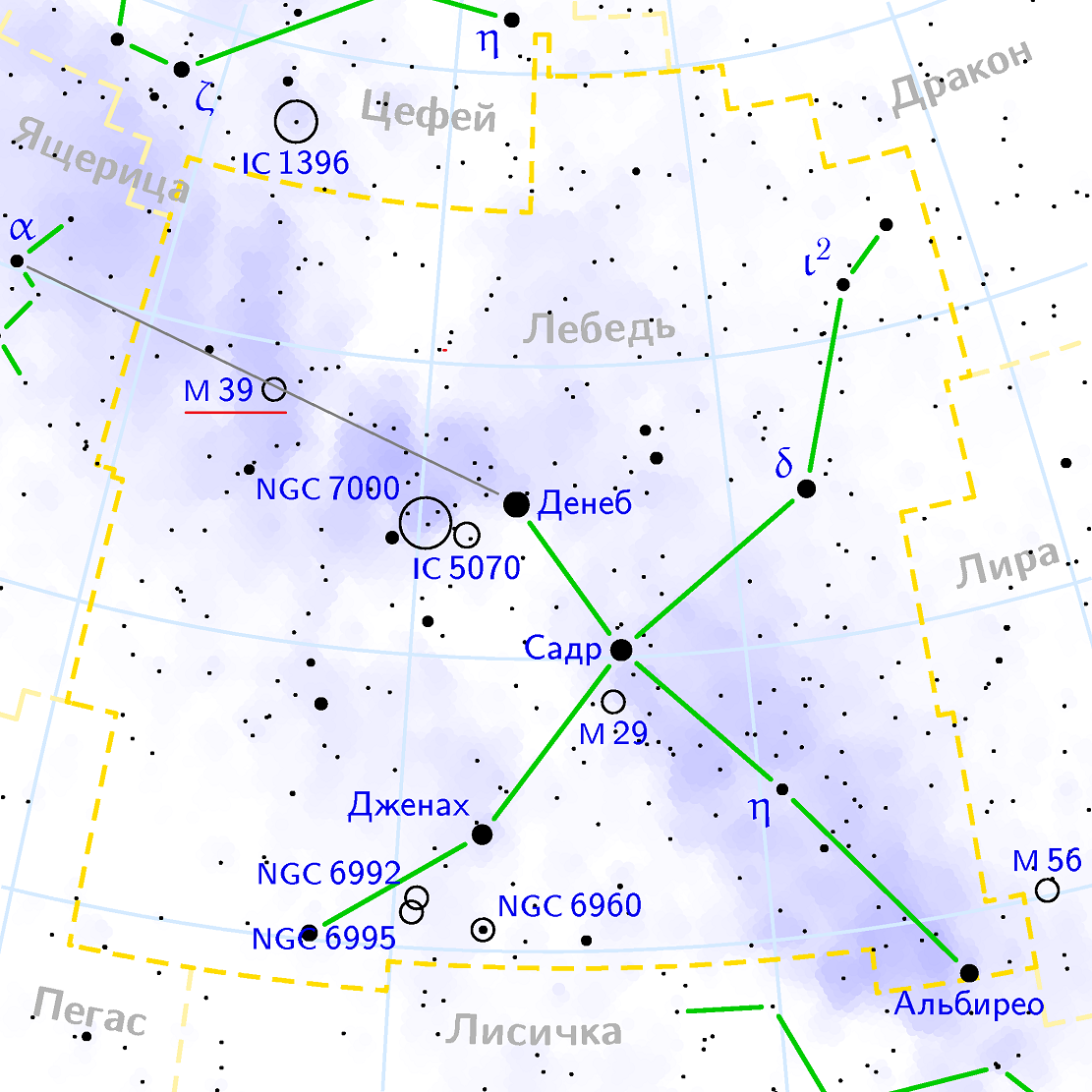 Положение галактического скопления M39 в созвездии Лебедь