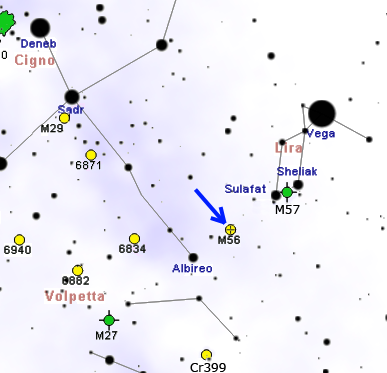 Положение скопления M56 относительно созвездий Лиры и Лебедя