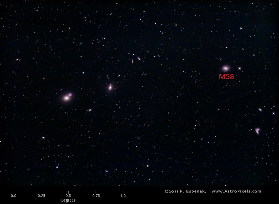 Вид галактики M58 в масштабах нескольких градусов