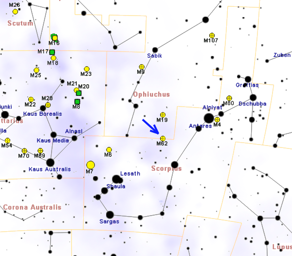 Положение скопления Мессье 62 в созвездии Змееносца