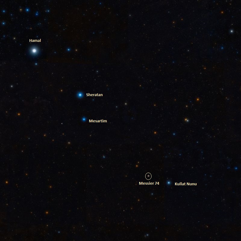 Положение галактики Мессье 74 относительно Эта Рыбы (Kullat Nunu)