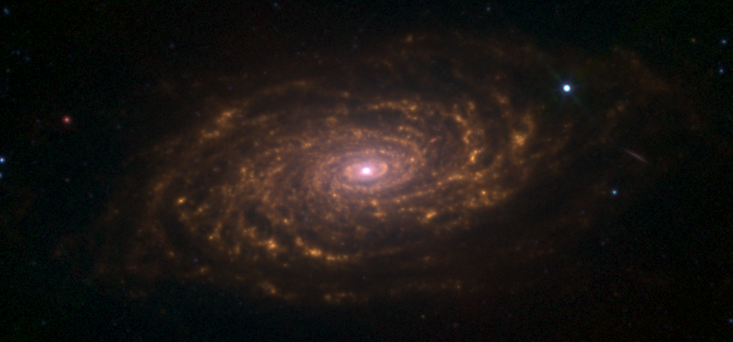 Галактика Подсолнух M63 в инфракрасном диапазоне. Можно заметить потоки пыли - оранжевый цвет.