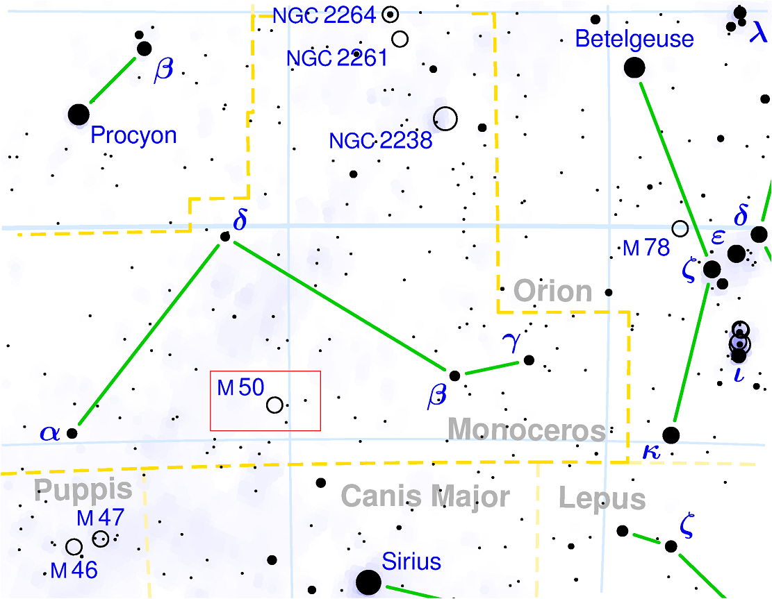 Положение скопления M50 в созвездии Единорога