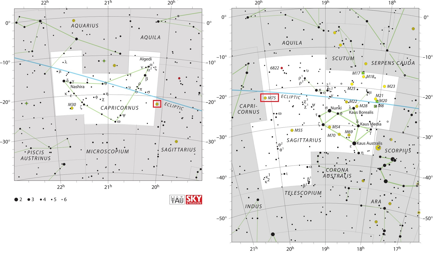 Положение скопления M75 относительно созвездий Козерог и Стрелец
