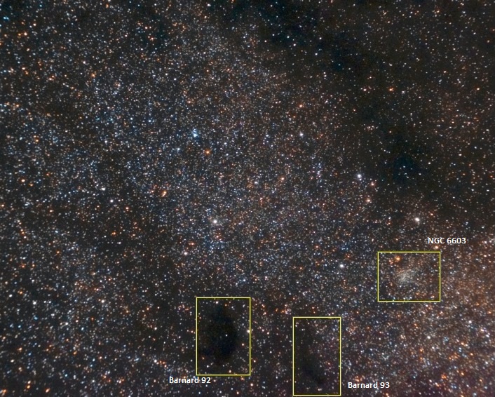 Объекты звездного облака: туманности Барнарда 92 и 93, а также скопление NGC 6603