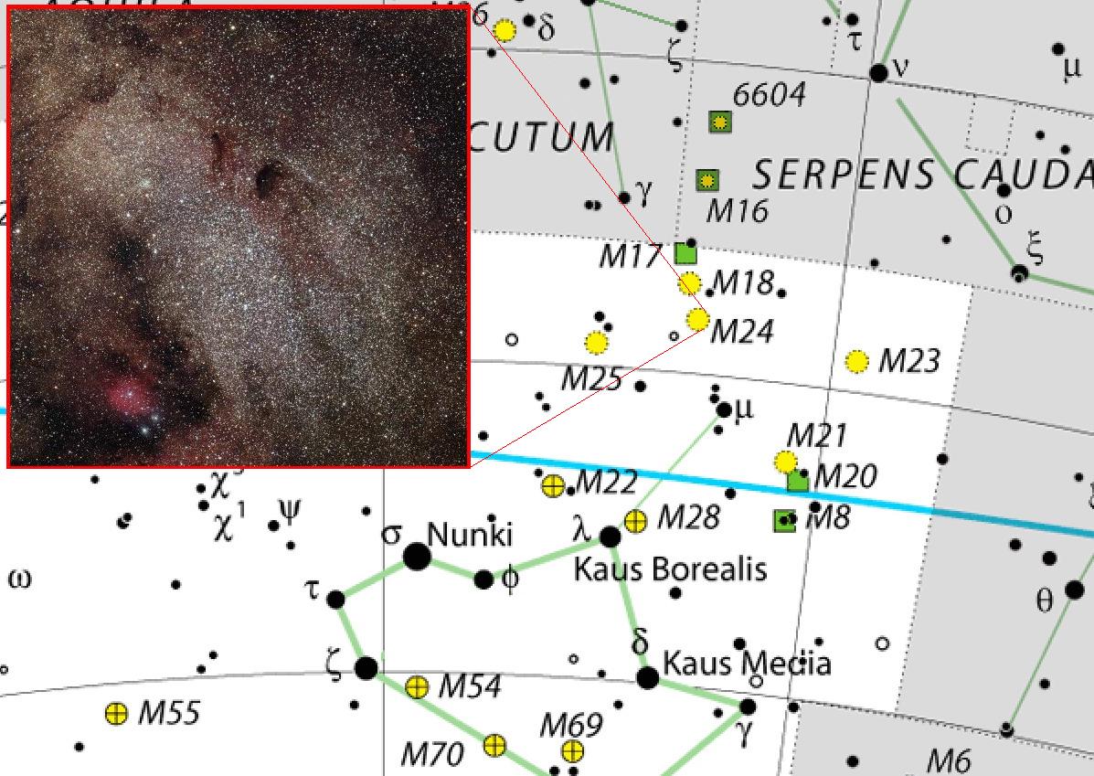 Положение объекта Мессье 24 в созвездии Стрелец