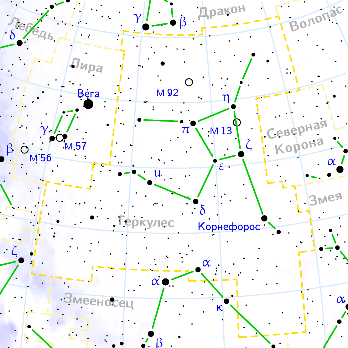 Положение скопления M92 в созвездии Геркулес