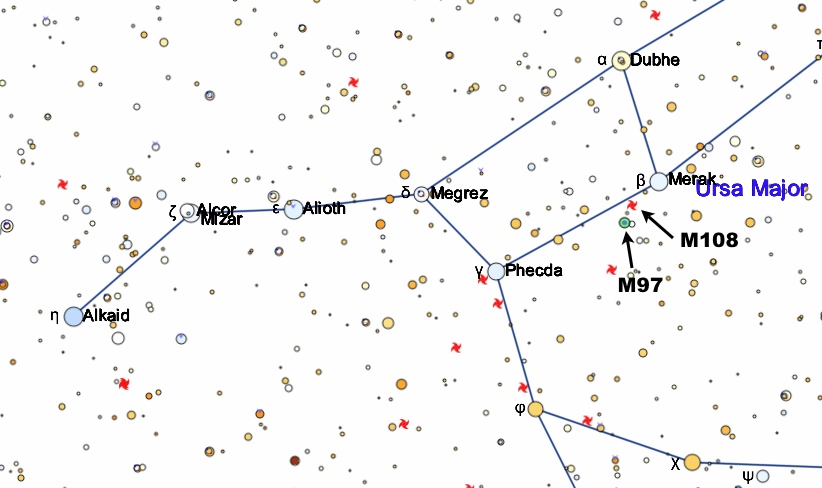 Положение туманности M97 и галактики M108 в астеризме Большой Ковш