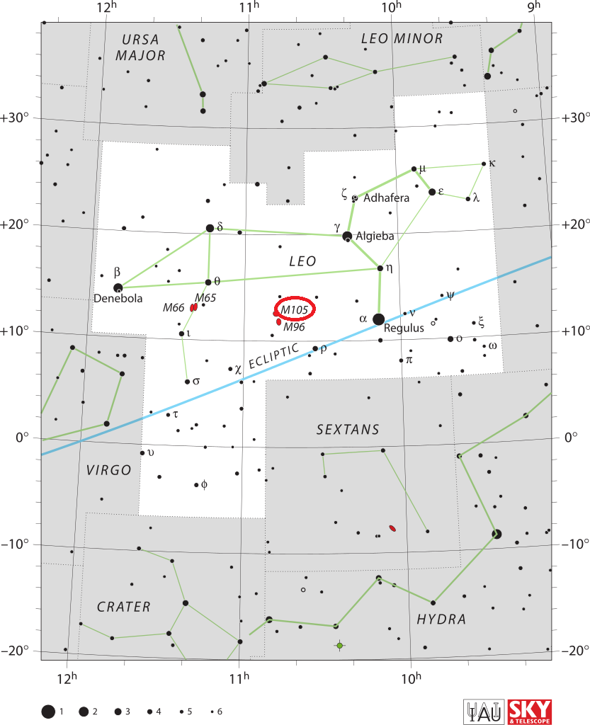 Положение объекта Мессье 105 в созвездии Льва