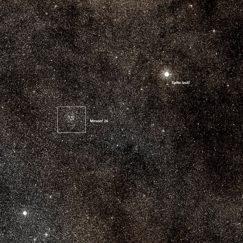 Скопление M26 и звезда Дельта Щита