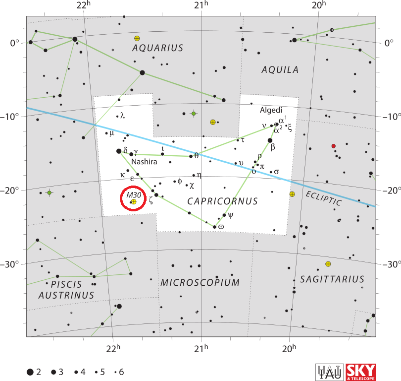 Положение скопления M30 в созвездии Козерог