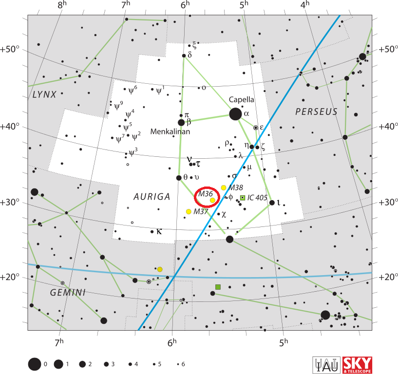 Положение скопления Мессье 36 в созвездии Возничего