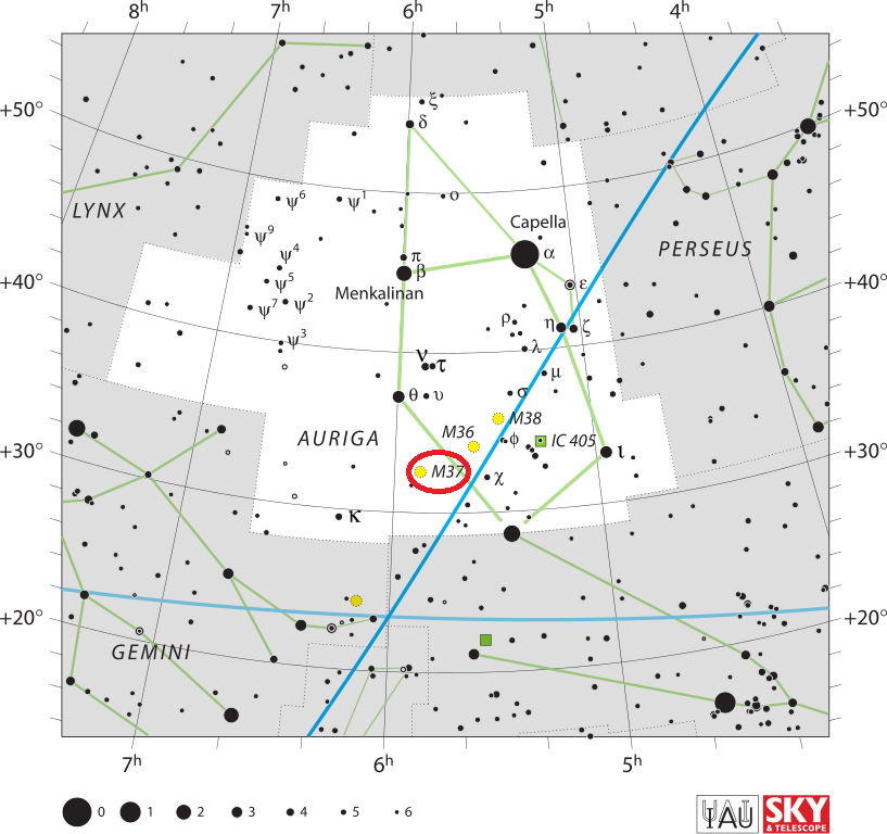Положение скопления Мессье 37 в созвездии Возничего