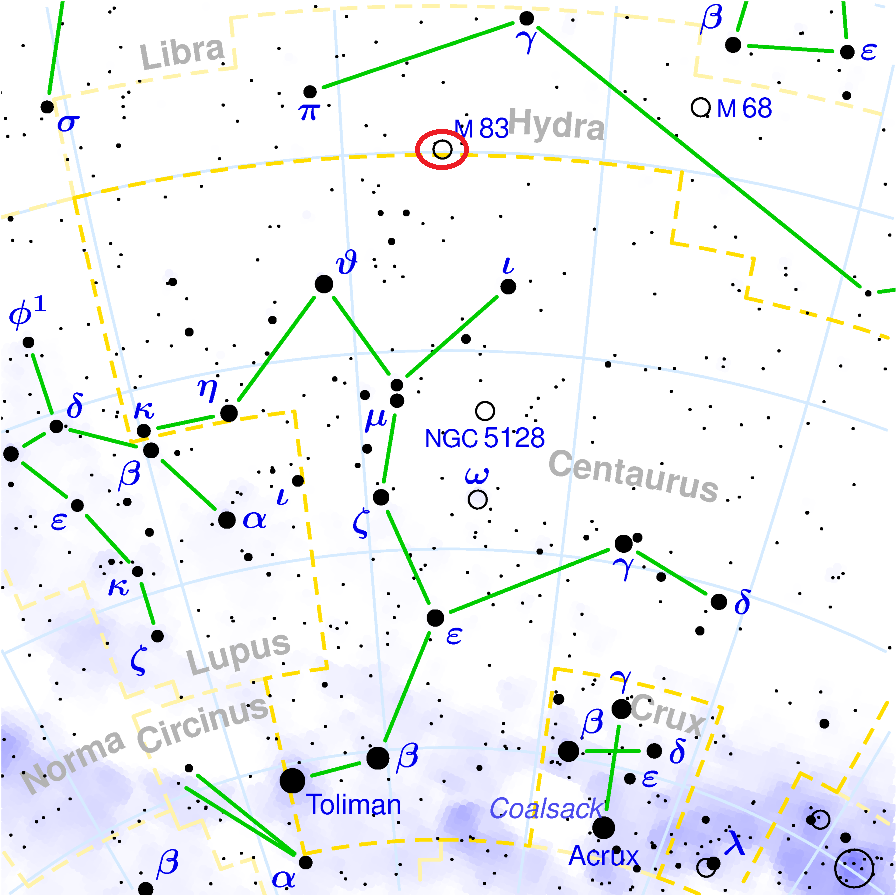 Положение галактики M83 в созвездии Гидры