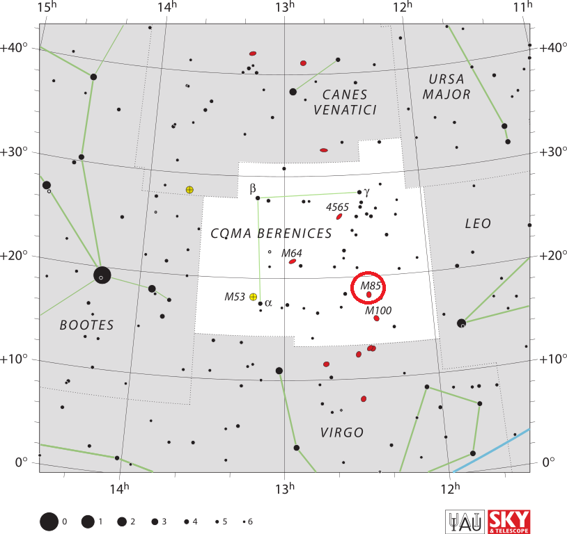 Положение галактики Мессье 85 в созвездии Волосы Вероники
