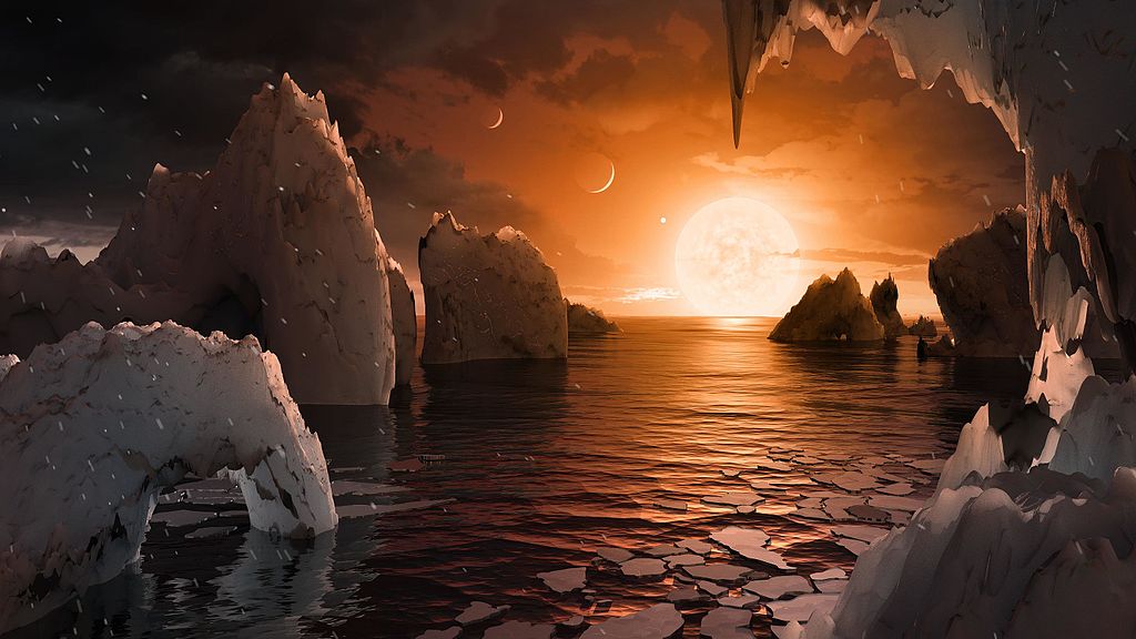 Вид с поверхности отдаленной холодной планеты TRAPPIST-1 f в представлении художника