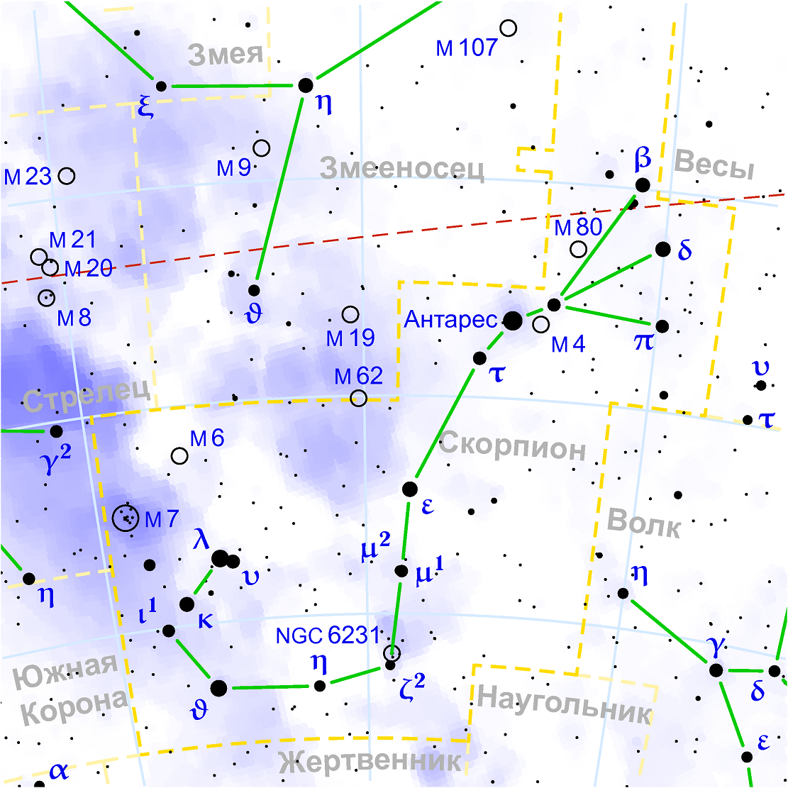 Положение шарового скопления Мессье 80 в созвездии Скорпион