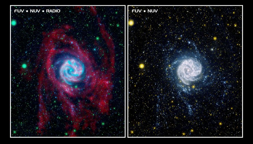 Фото объекта M83 в диапазоне радио (слева) и ультрафиолетовом (справа)
