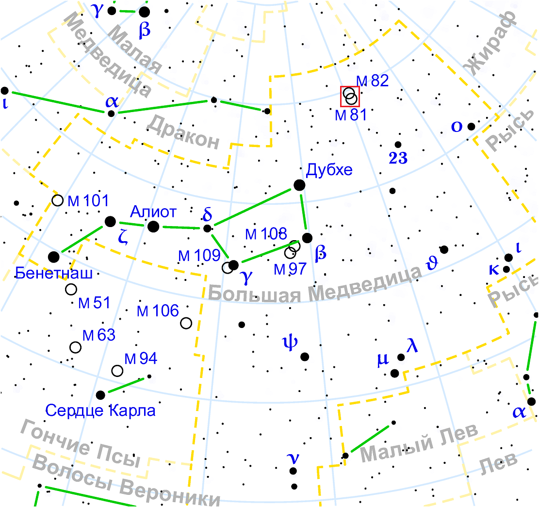Положение галактики M82 в созвездии Большой Медведицы