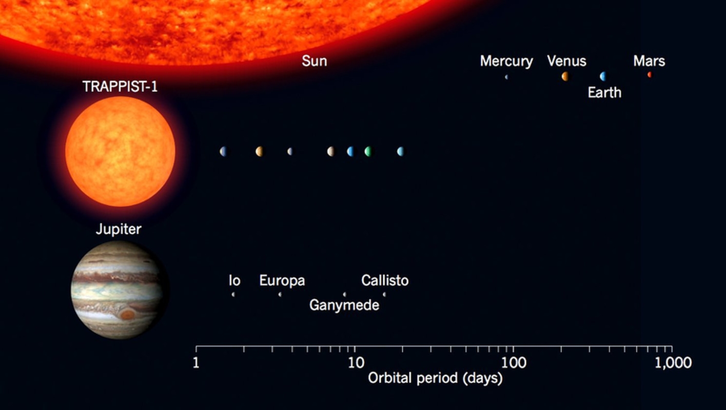 Размер экзопланет и их орбит в системе TRAPPIST-1 по сравнению с планетами Солнечной системы