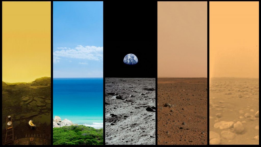 Сравнение поверхности Венеры, Земли, Луны, Марса и Титана (слева направо)