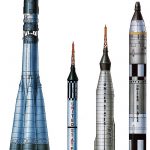 Первые американские и советские РН (слева на право: Р7, Редстоун, Атлас, Титан-2).