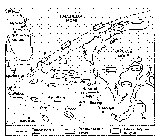 Карты расположения полей падения при запуске с Плесецка