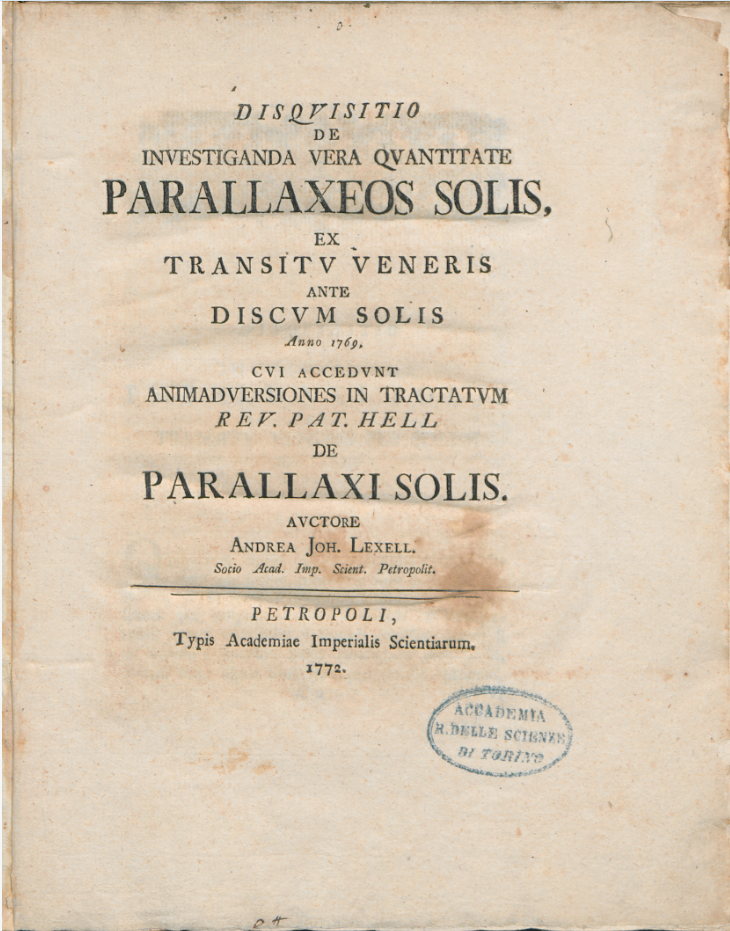 Монография Лекселя об определении параллакса, опубликованная в 1772 году 
